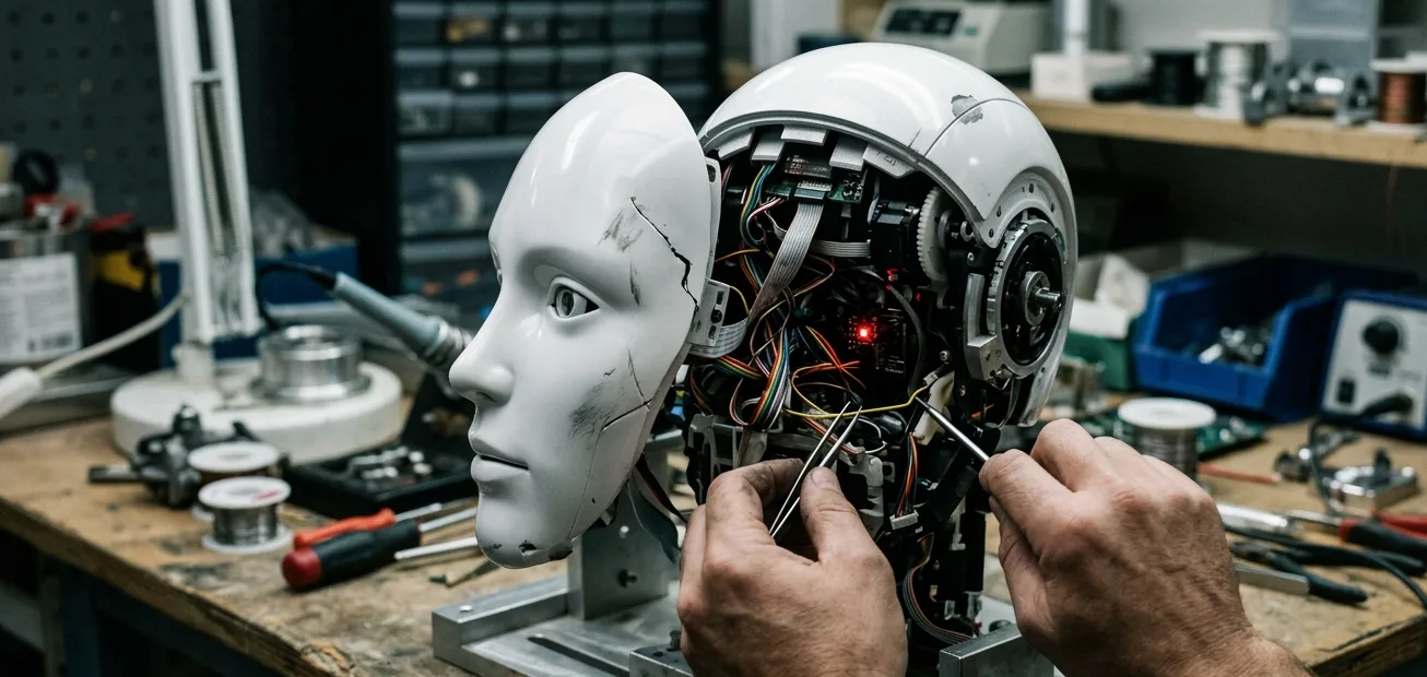 Cracked android head with exposed wiring on a workshop bench