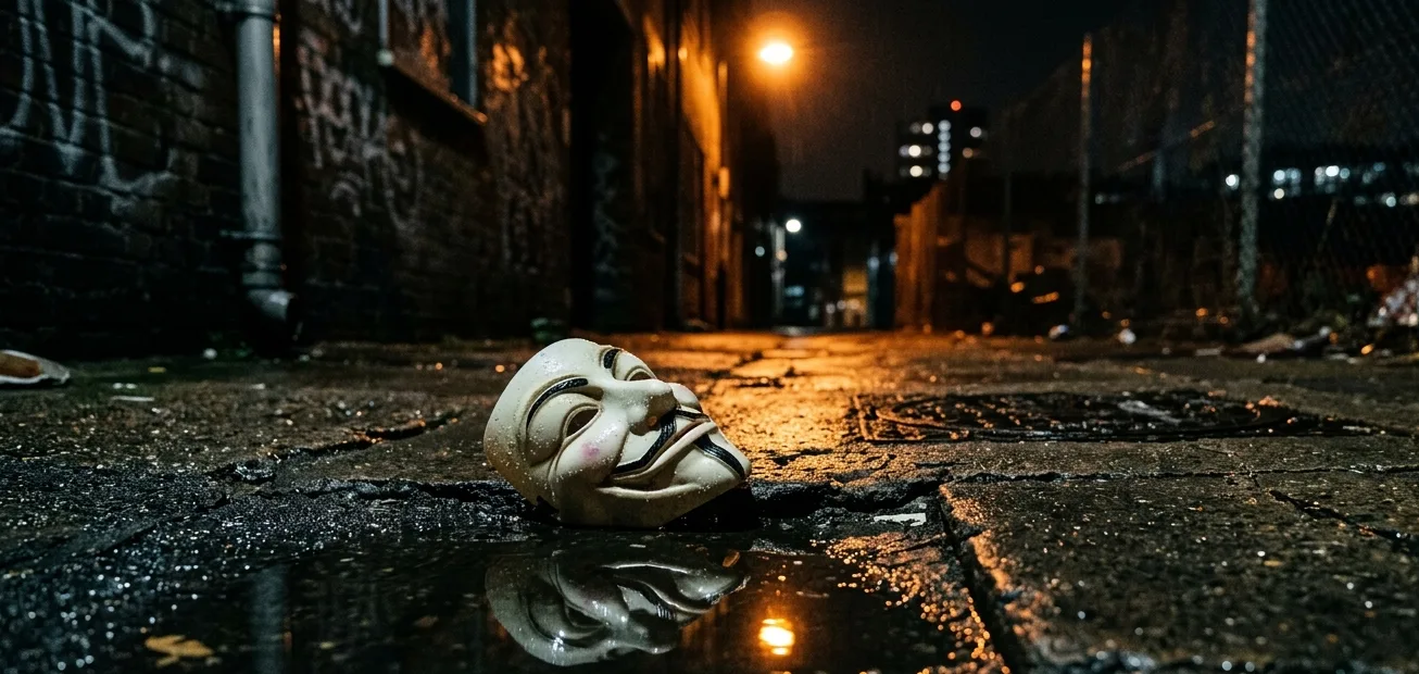 Guy Fawkes mask on rain-wet pavement in a dark alley