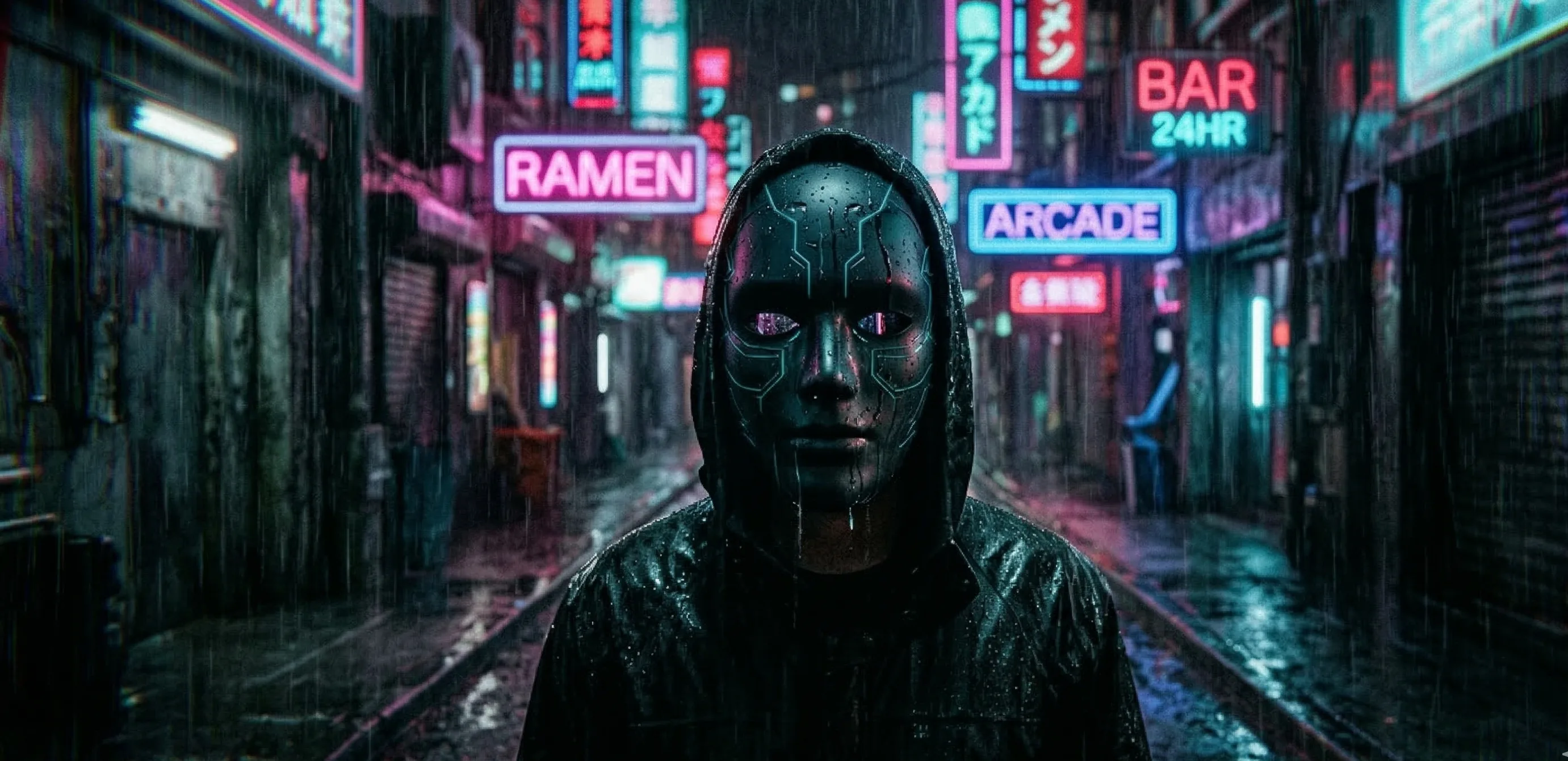Hooded figure in a black cyberpunk mask with circuit-line patterns standing in a rain-soaked neon alley