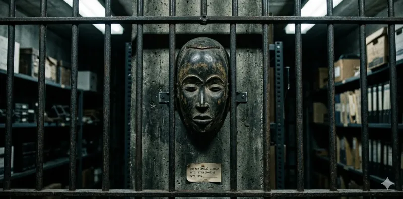 African Dan mask behind iron bars in a cold evidence storage room with an aged label