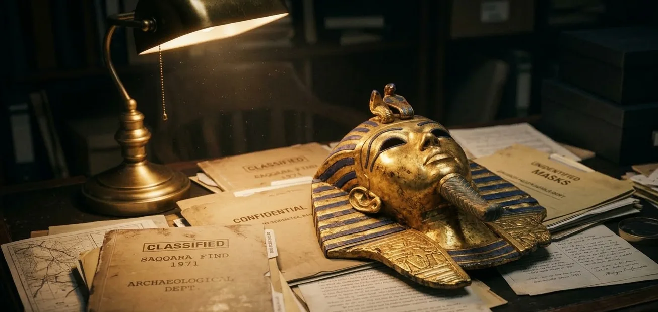Gold Egyptian funerary mask among classified folders under a desk lamp