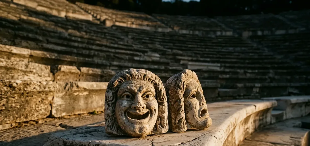 Stone comedy and tragedy masks in an ancient Greek amphitheater