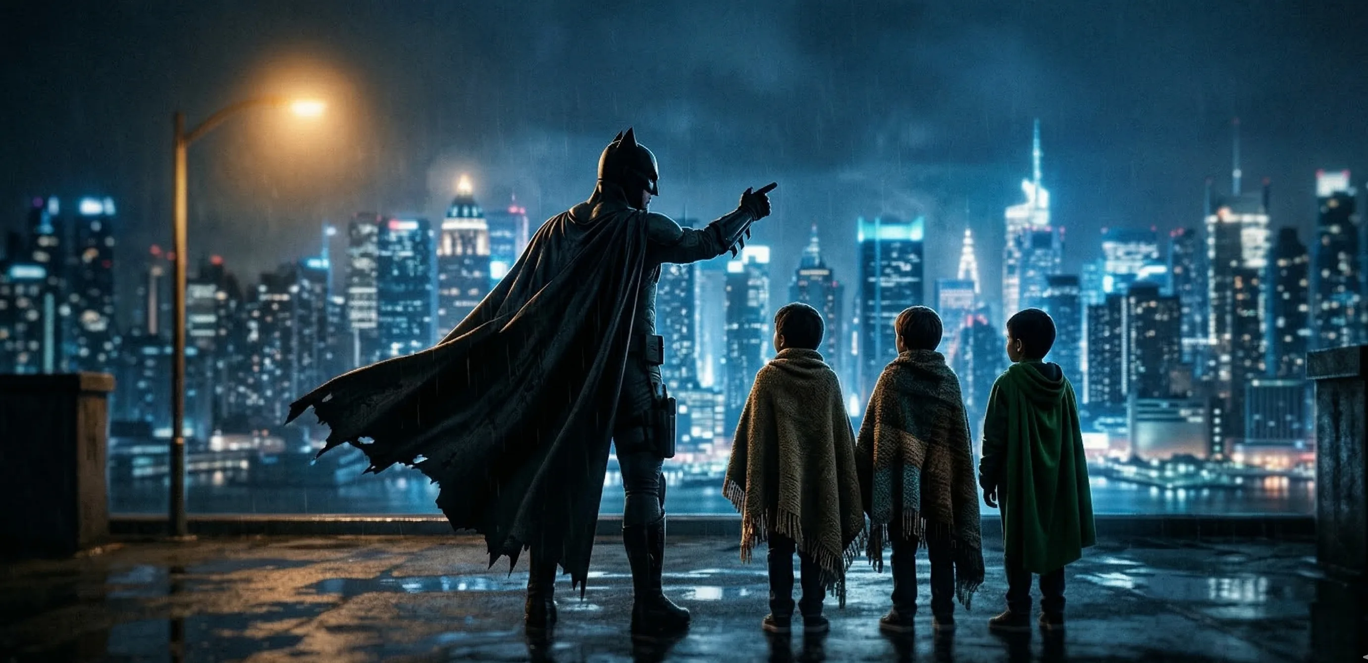 Masked superhero on a rain-slicked rooftop pointing toward a city skyline while three young figures in makeshift capes watch and learn