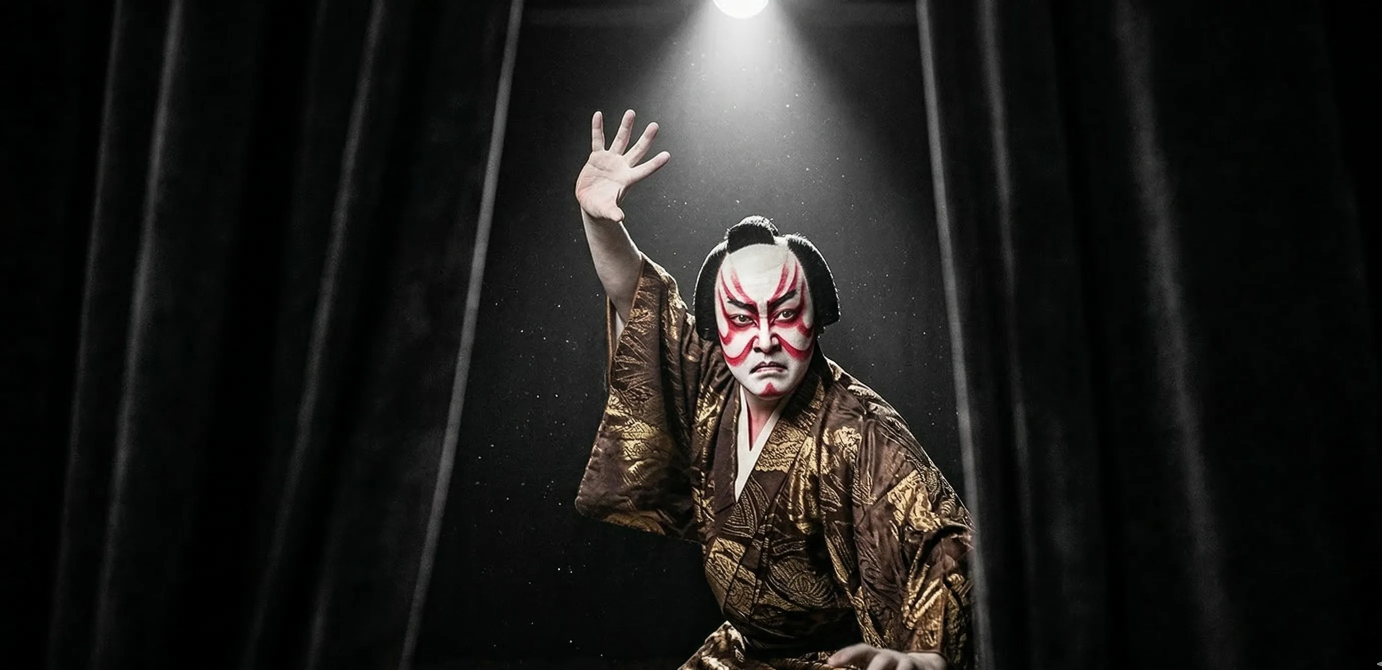 Kabuki performer in bold kumadori face paint mid-pose under a single spotlight