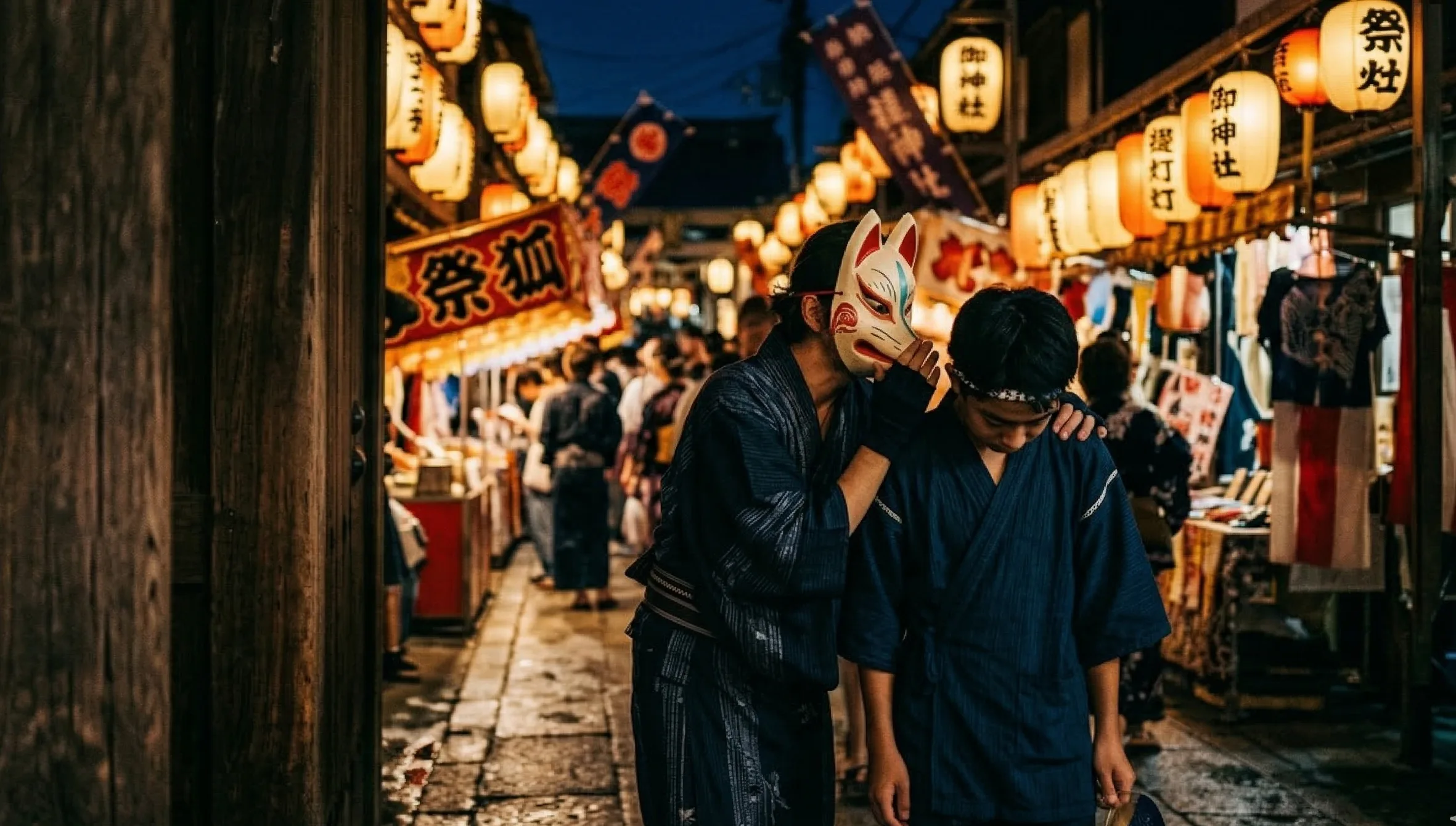 Red-and-white kitsune fox mask resting on a wooden shrine offering shelf among paper lanterns at dusk