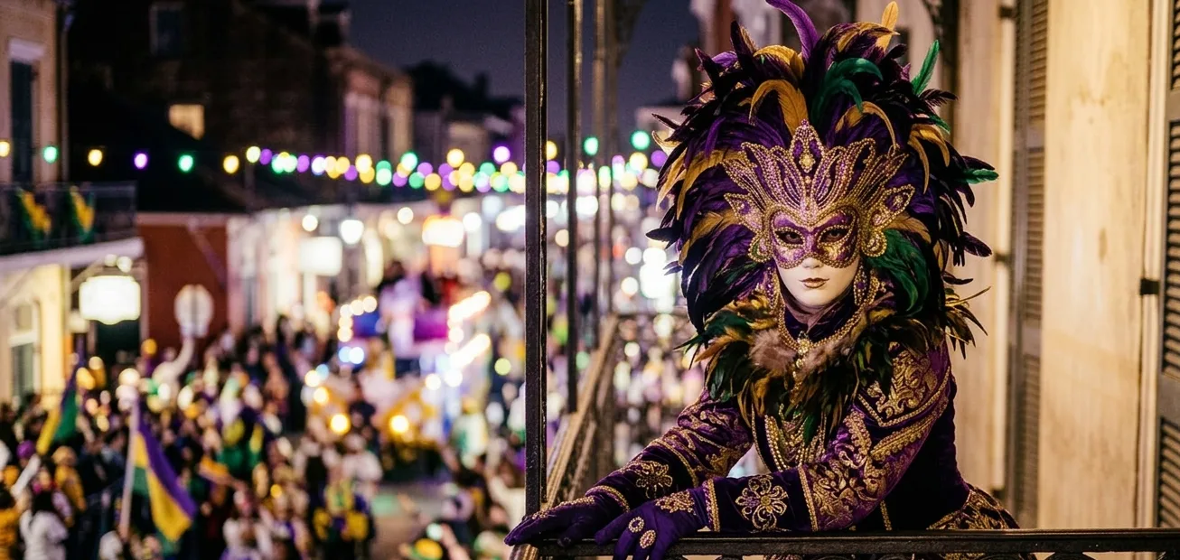 Figure in Mardi Gras mask watching parade from a French Quarter balcony