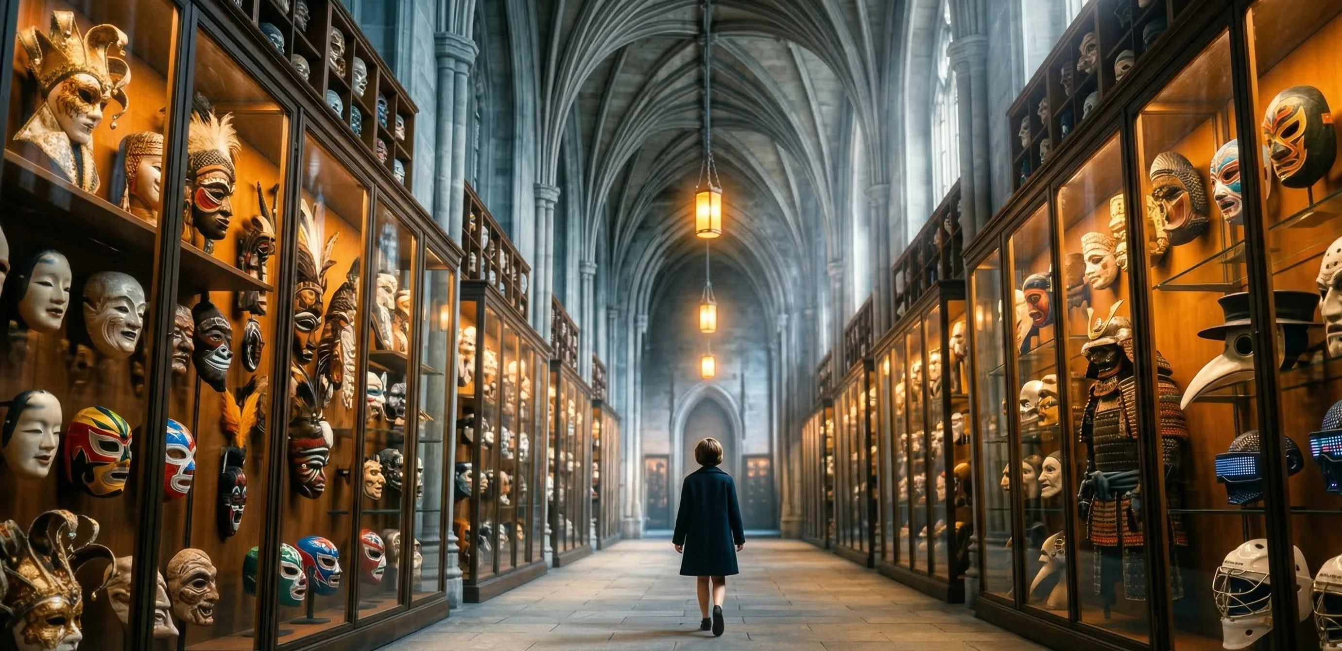 A lone figure walks through a vast hall filled with masks from every era and culture
