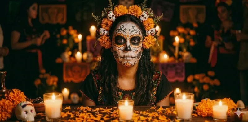 Woman in Dia de los Muertos sugar skull face paint seated at a candlelit ofrenda with marigolds
