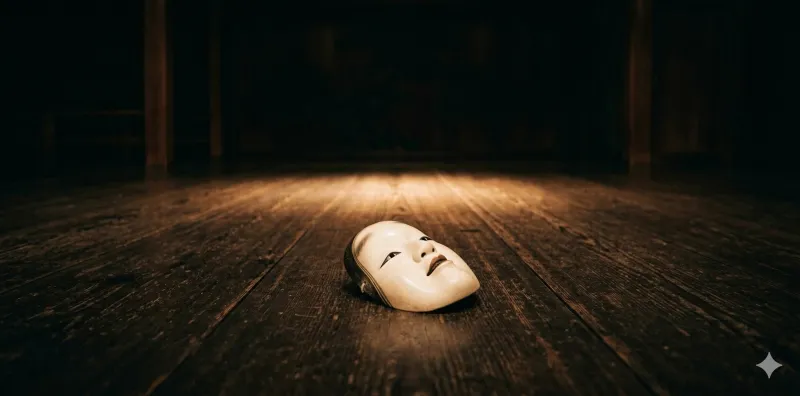 Japanese Noh mask resting on a worn wooden stage floor under a single warm spotlight