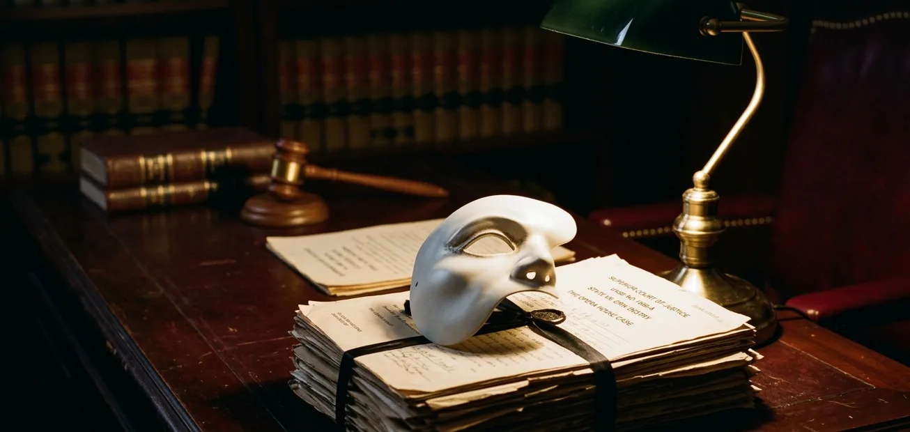White half-face Phantom mask on legal documents under a desk lamp