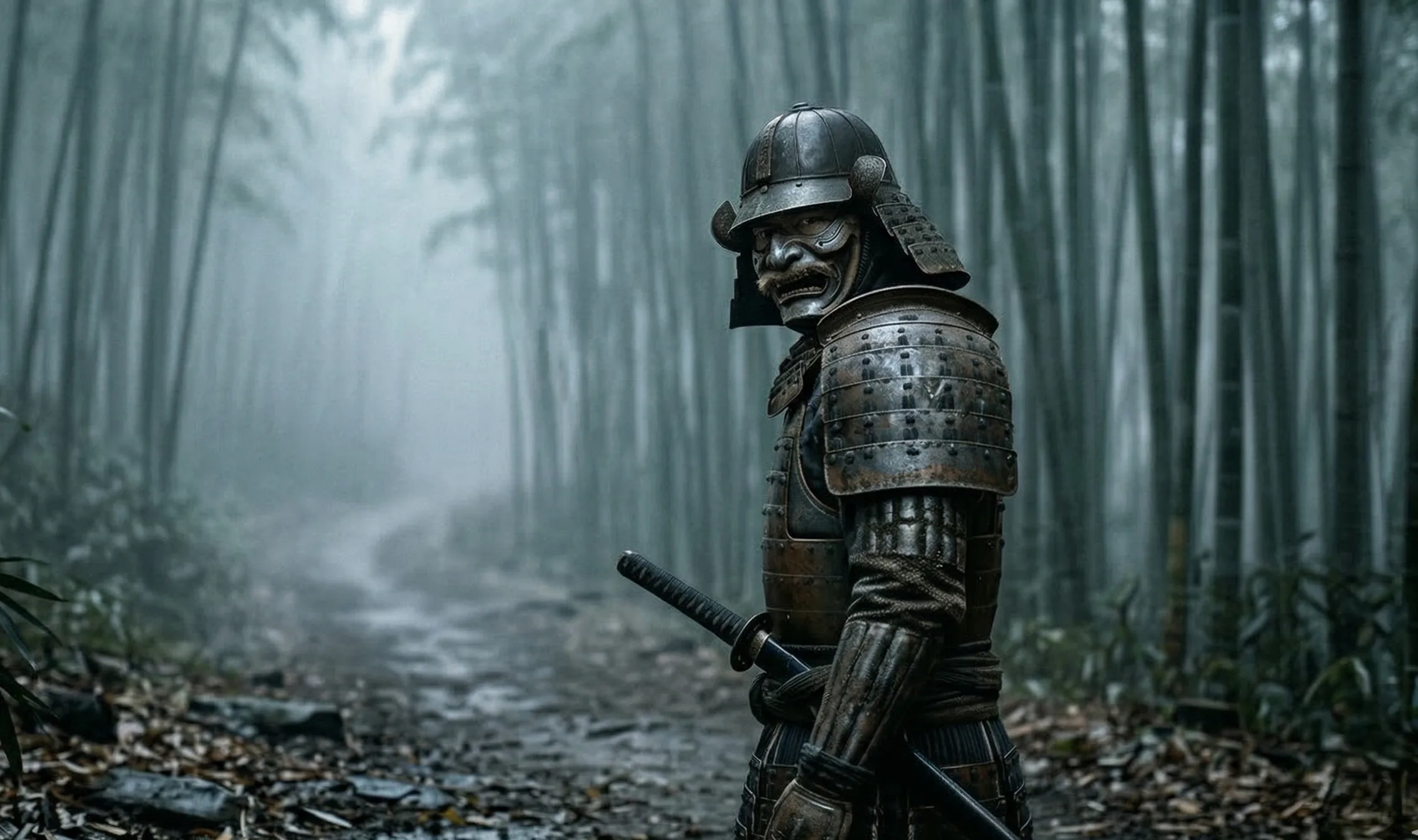 Samurai in iron menpo war mask standing in a misty bamboo forest, looking back over their shoulder