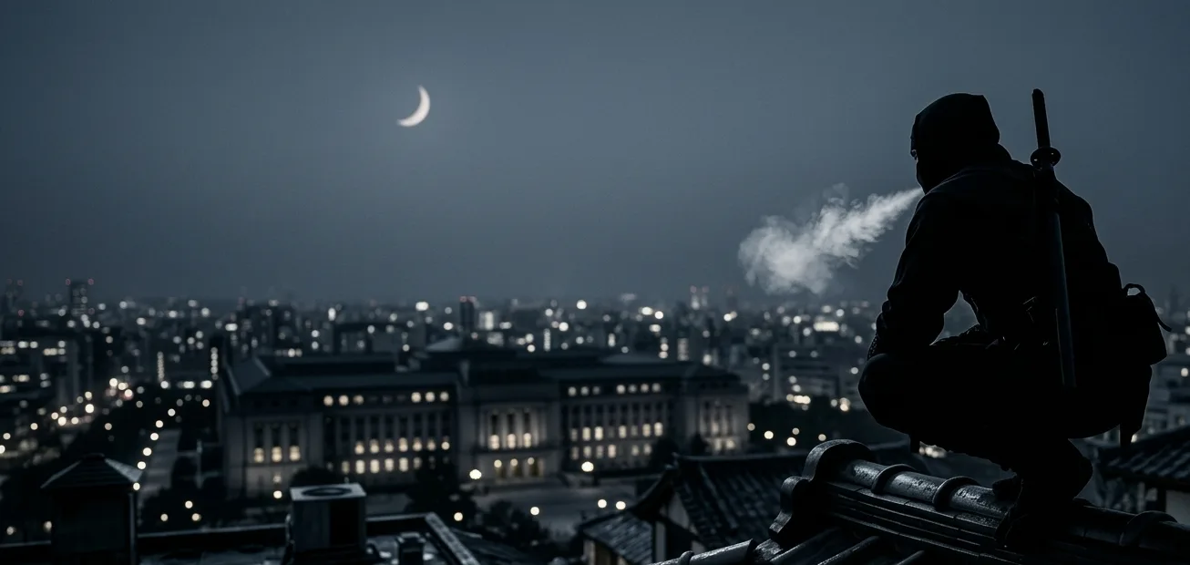 Shinobi crouched on a rooftop at night overlooking a government building under moonlight
