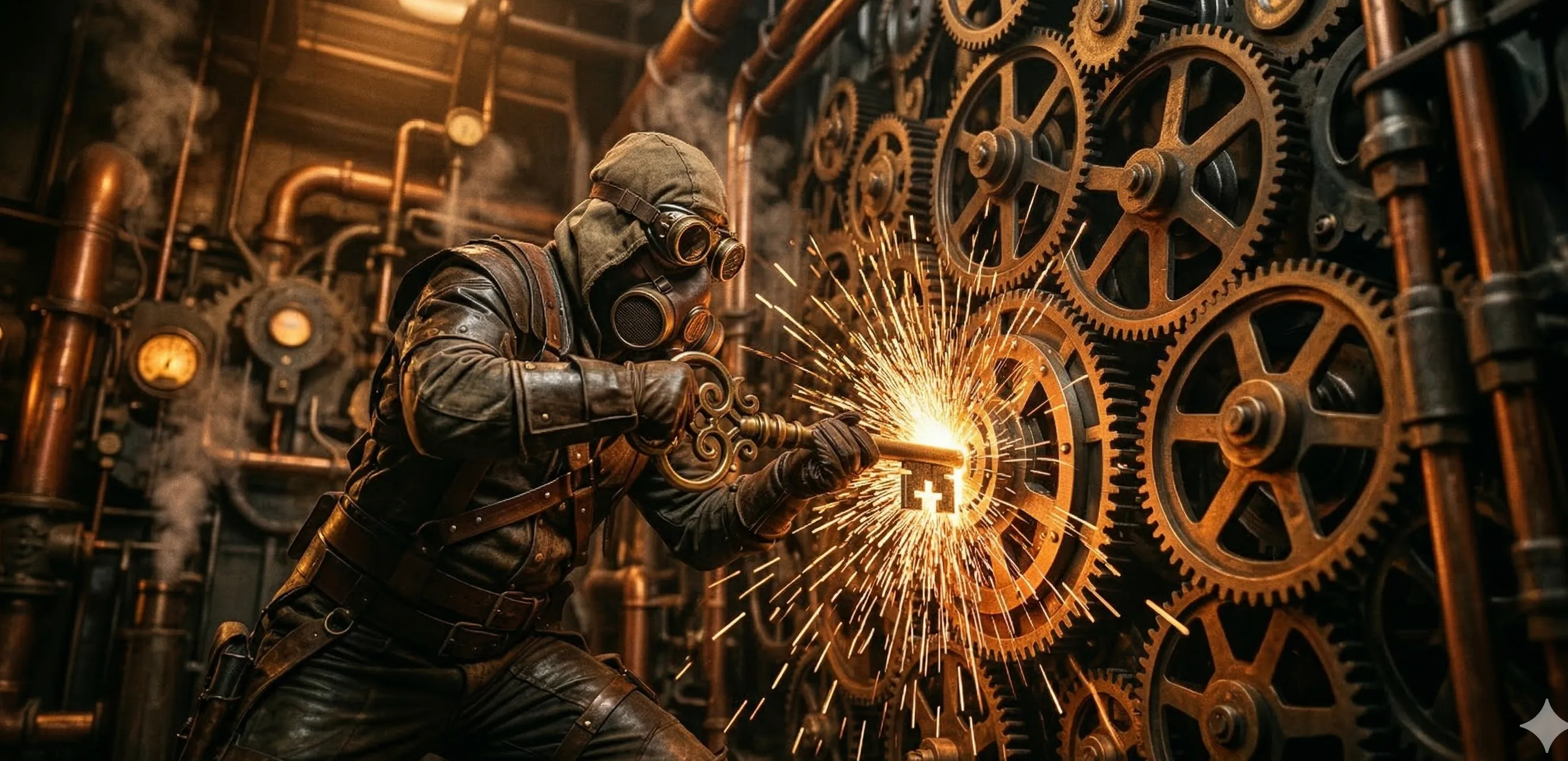 Figure in brass goggles and a leather gas mask examining a glowing skeleton key in a dimly lit workshop full of gears and pipes