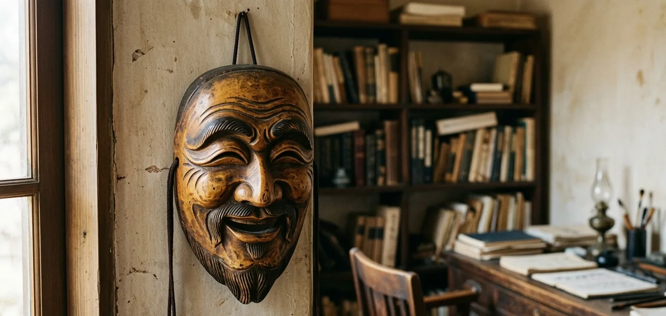 Carved wooden hahoe tal mask in a study room with bookshelves