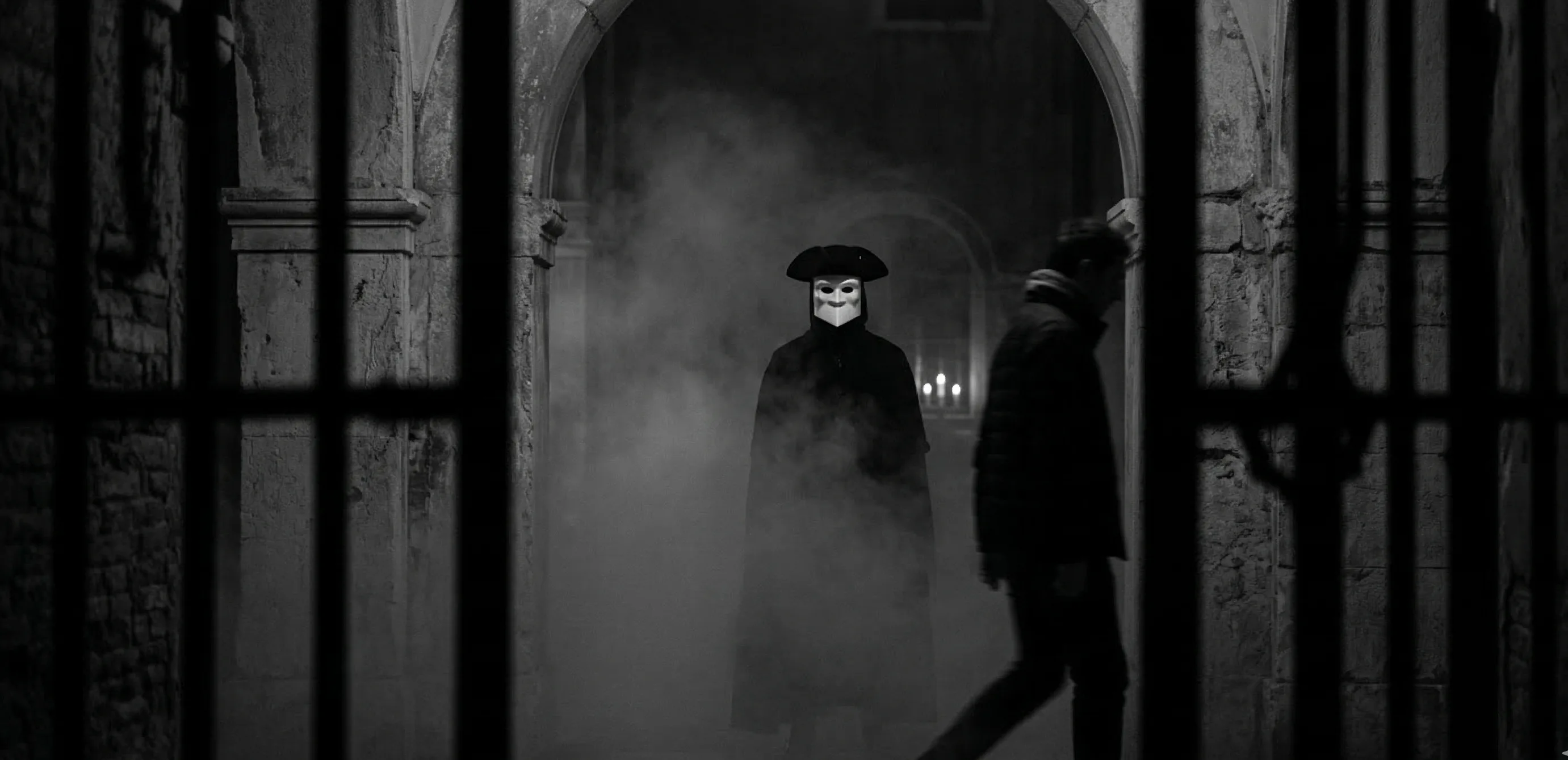 Figure in a white bauta mask and black tricorn hat standing motionless in a fog-filled stone archway while a passerby walks past unaware